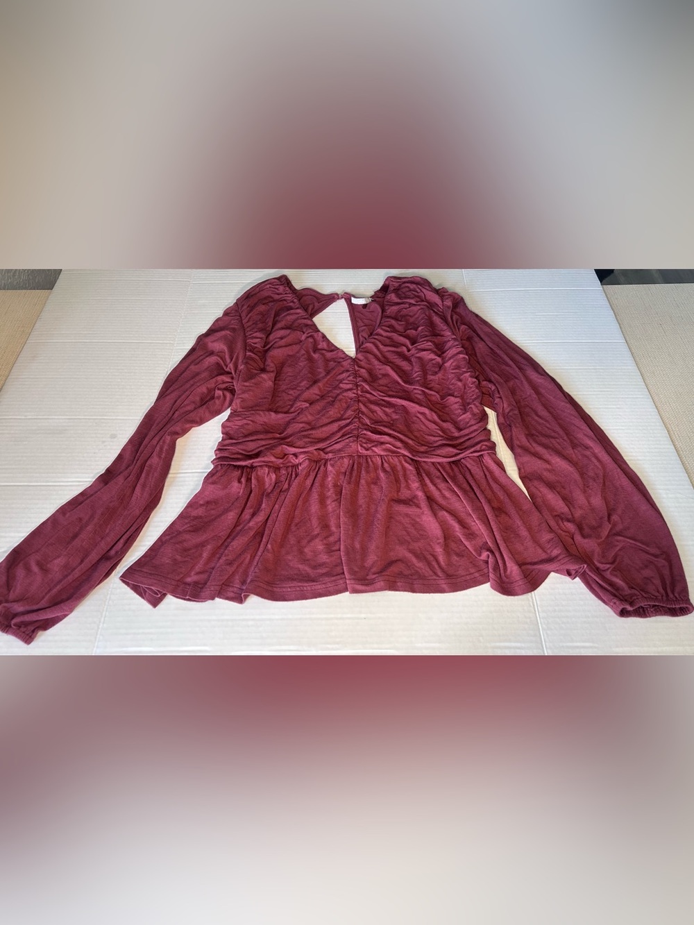 BKE Burgundy Ruched V-Neck Peplum Top